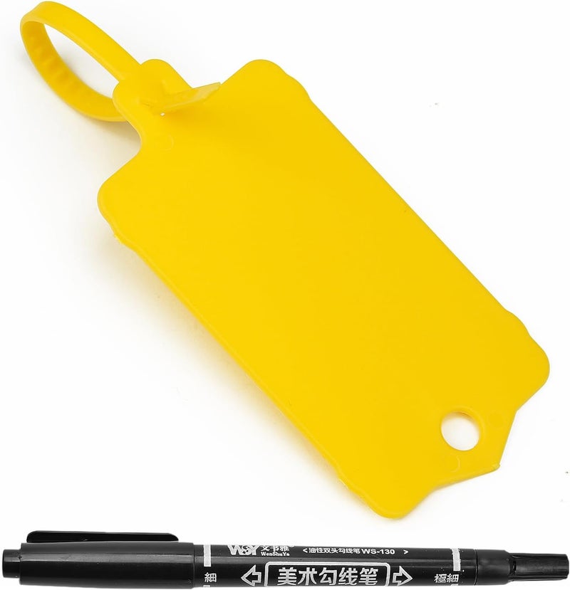 LeadSeals 100pcs Blank Plastic Tags for Labeling Reusable Hanging Tags Ties Key Tag Storage Labels Waterproof Plastic Mark Label Writable Hang Sign with One Marker Pen (Yellow) - Image 1